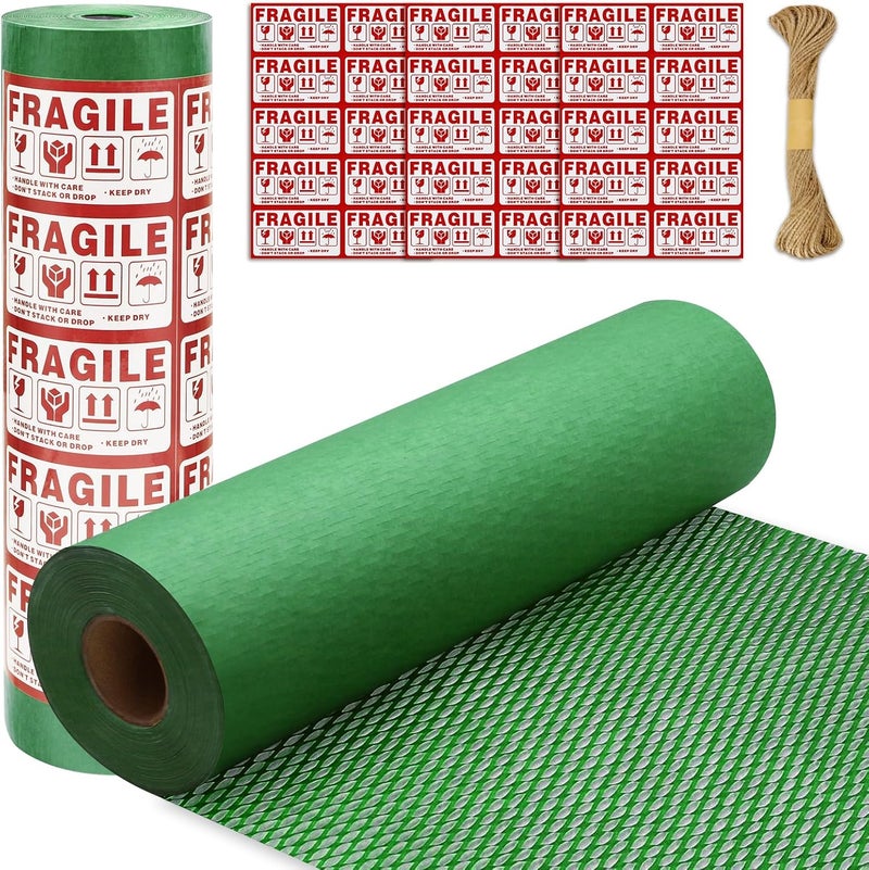 Pine nuts Honeycomb Packing Paper 15" x 131' Eco Friendly Packing Paper for Moving Recyclable Honeycomb Paper Bubble Paper Wrapping with 30 Fragile Sticker Labels and 66fthemp rope (Christmas green) - Image 1